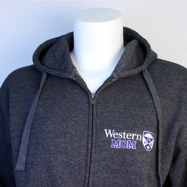 Charcoal grey full zip with Western Mom and the Western Crest embroidered on the left chest.