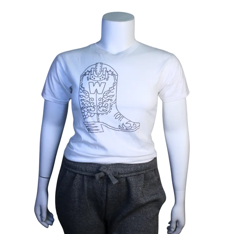 White tee with a cowboy boot graphic bedazzled with rhinestones.