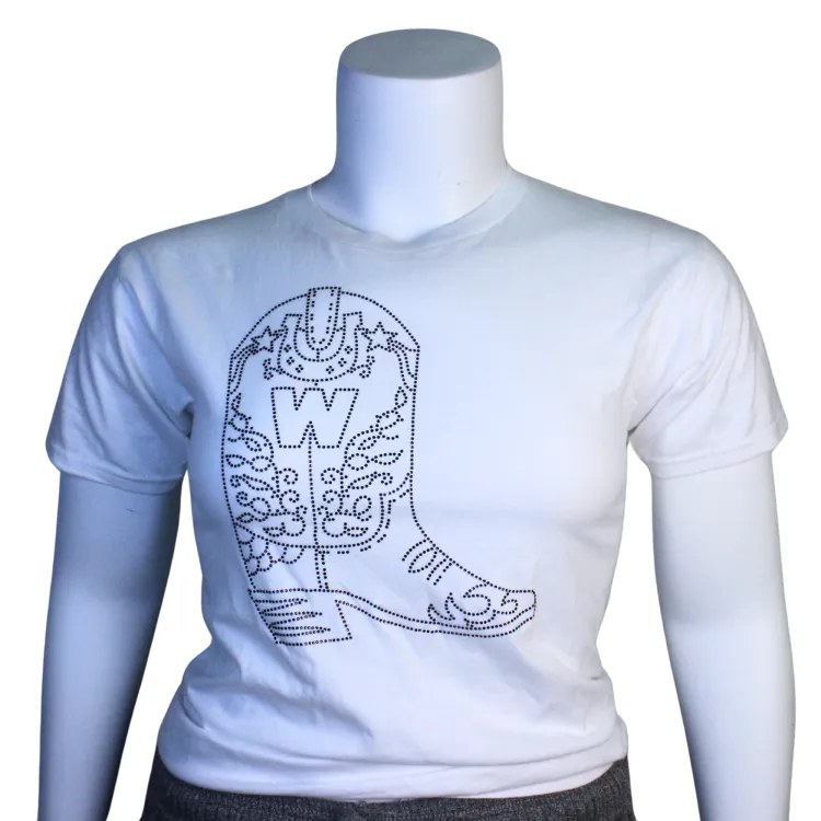 White tee with a cowboy boot graphic bedazzled with rhinestones.