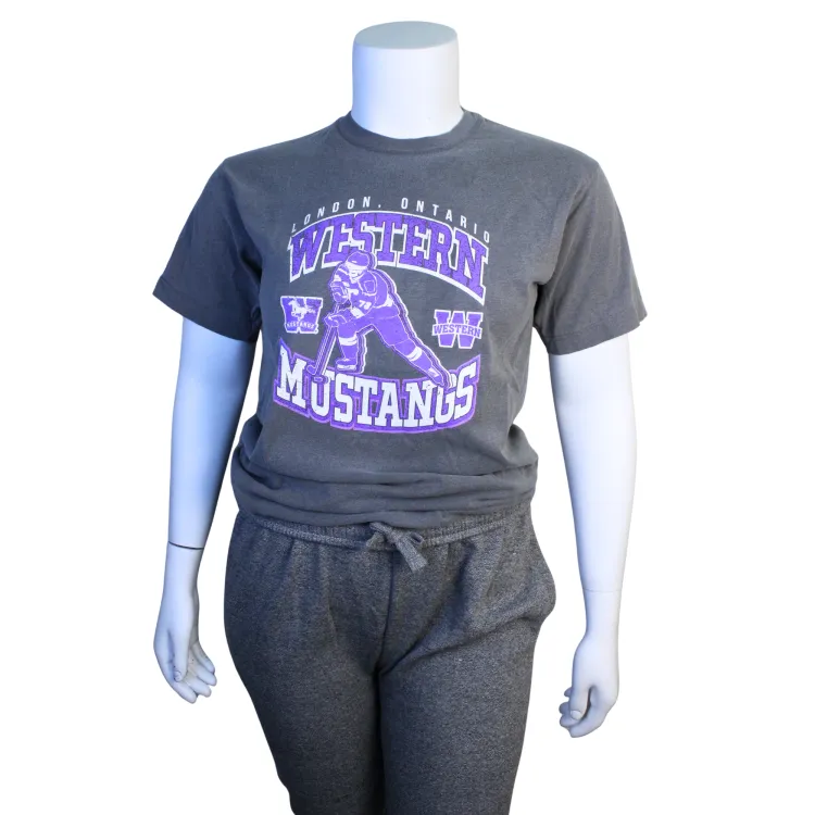 Grey tee with Western Mustangs Hockey logo screen printed on the front.