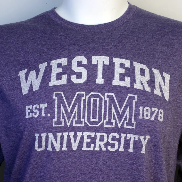 Heather purple long sleeve tee with Western University Mom Est. 1878 screen printed on the front in white.