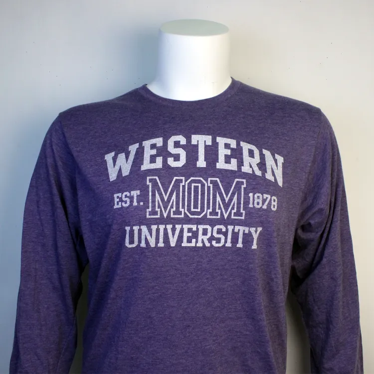 Heather purple long sleeve tee with Western University Mom Est. 1878 screen printed on the front in white.