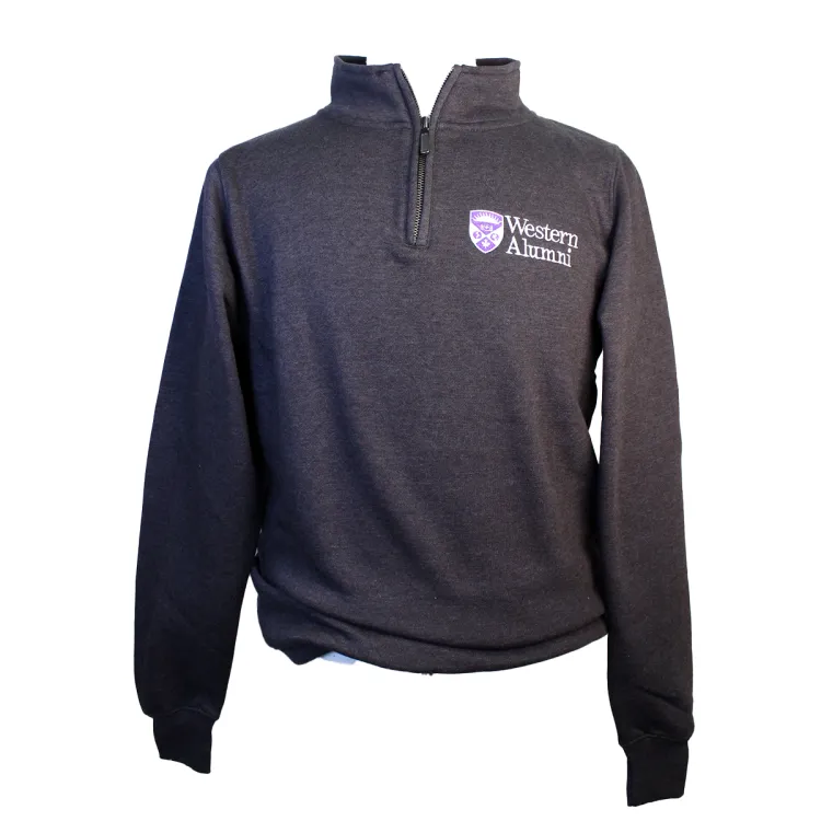 Charcoal quarter zip with "Western Alumni" embroidered on the left chest.