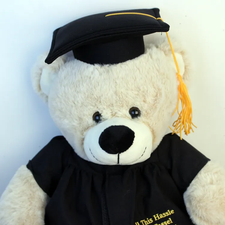 Beige teddy bear with graduate gown, cap and diploma.