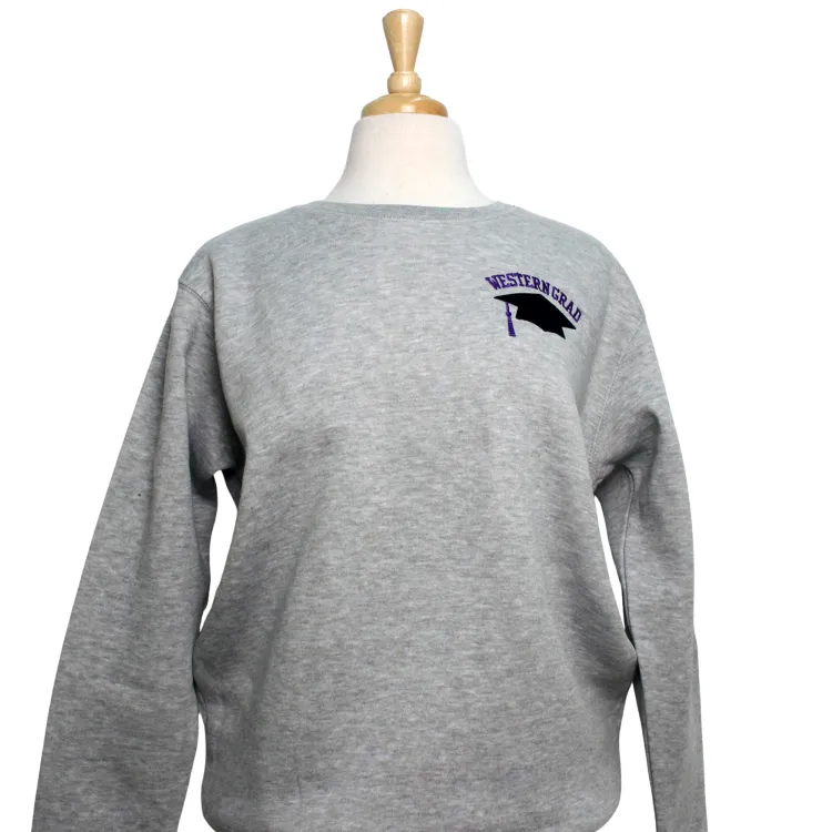 Heather grey crew neck with "Western Grad" and graduate cap embroidered on the left chest.