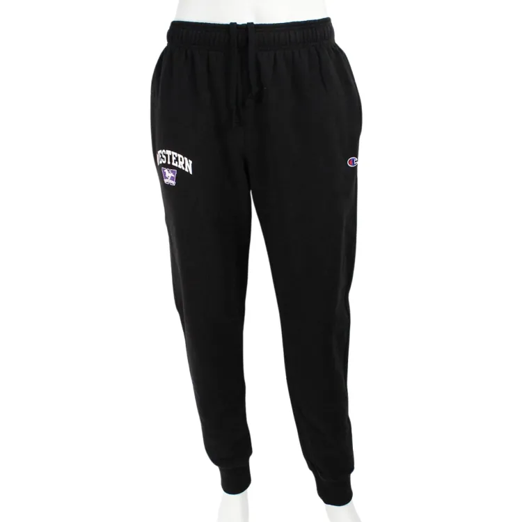 Black Champion sweat pants with drawstring waist. Western and Mustangs logo on the side leg.