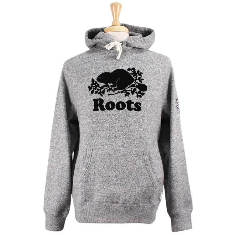 Salt and pepper Roots hood with front pocket. 'Roots' logo on the front and embroidered western university leaf felt patch on the left arm.