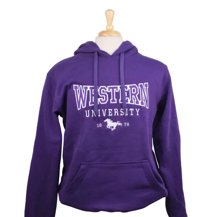 Purple hood with "Western University 1878" and Mustangs logo embroidered on the front chest above the pockets. 