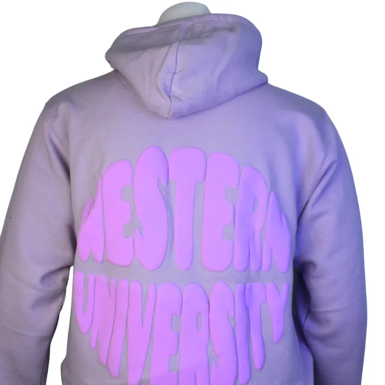 Lavender hoodie with Western University in pink puff print o the back.