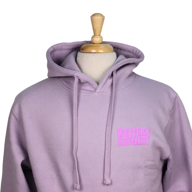Orchid purple hoodie with Western University script in puff print on left chest.