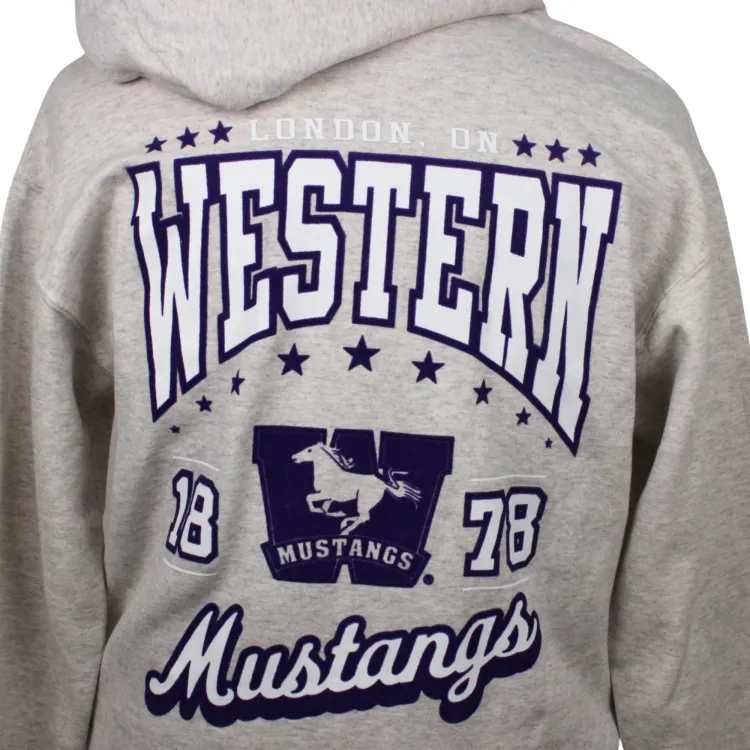 Oatmeal grey hood with flocked Mustangs logo on the left chest. "Western 1878 Mustangs" flocked script graphic on the back.