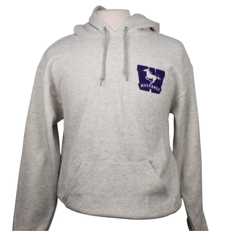 Oatmeal grey hood with flocked Mustangs logo on the left chest. "Western 1878 Mustangs" flocked script graphic on the back.