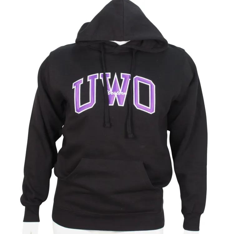 Black hood with vintage "UWO" design appliqued on the front.