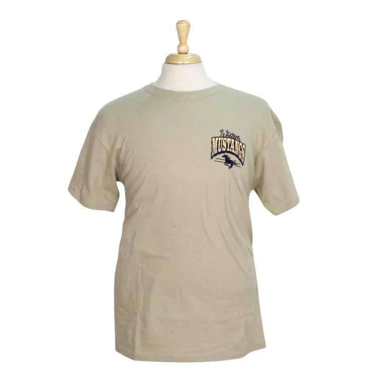 Sand beige tee with "Western Mustangs" script and mustangs cowboy graphic screen printed on the left chest and on the back.