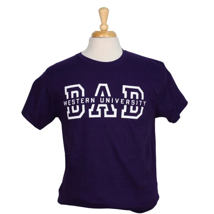 Purple tee with "Western University Dad" script graphic screen printed on the front chest.