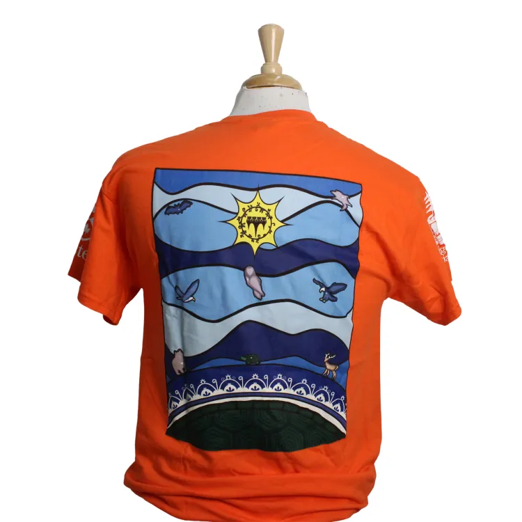 Orange tee with screen printed Crest on the left sleeve and Indigenous art on the back. Created in collaboration with Indigenous Initiatives. 