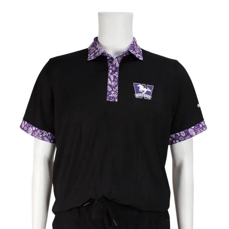 Black, purple and white polo with tropical pattern on the sleeves and collar. Mustang logo on the left chest.