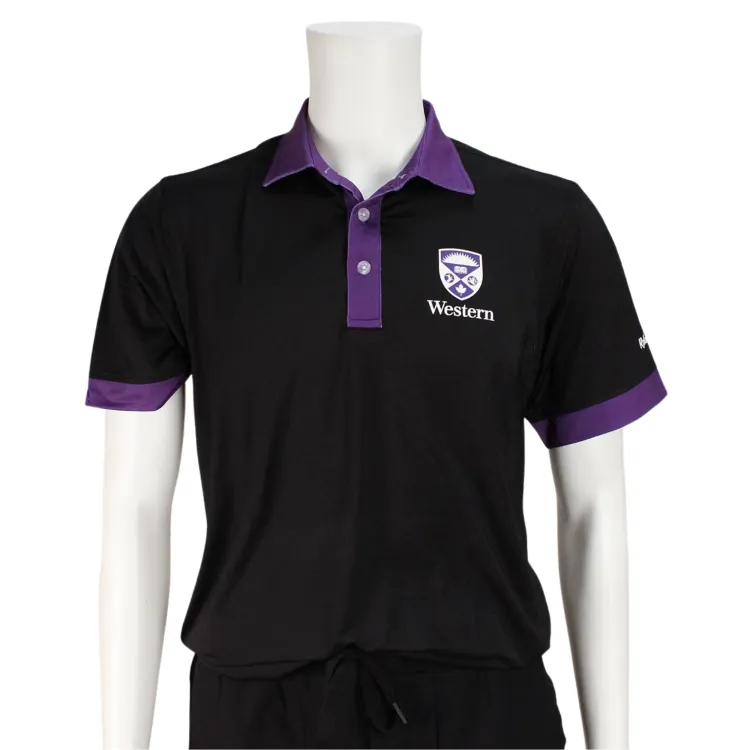 Black and purple polo with Western Crest on the left chest.