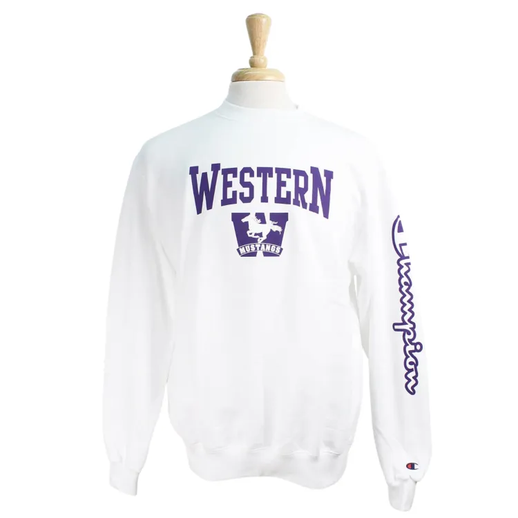 White Champion screw neck with Western and Mustangs logo screen printed on the front and Champion down the sleeve.