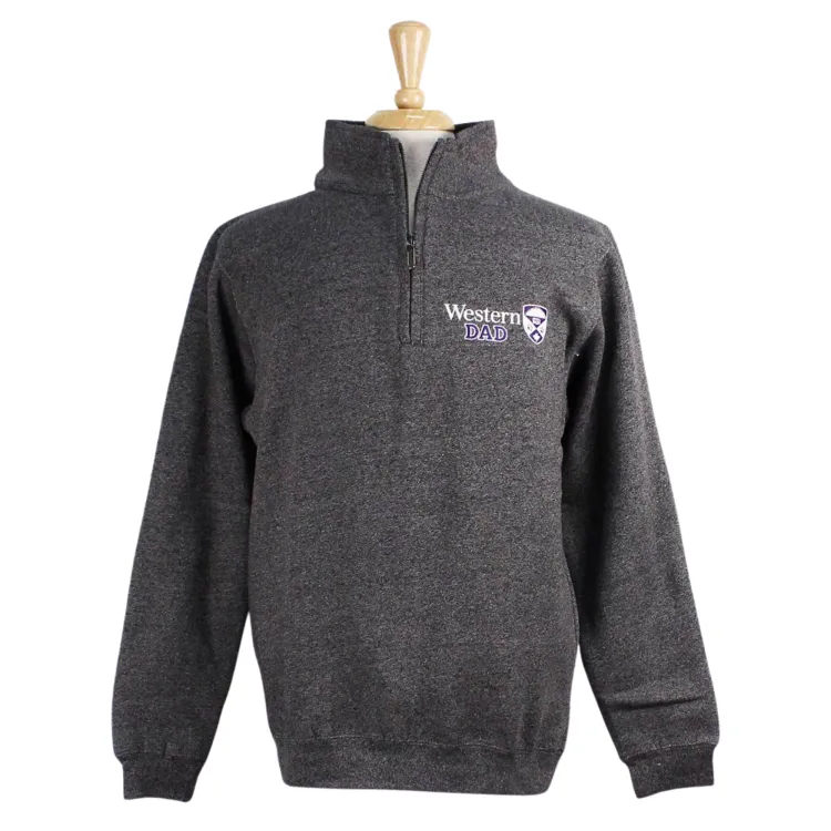Charcoal pepper 1/4 zip with embroidered 'Western Dad' and crest in white and purple on the left chest.