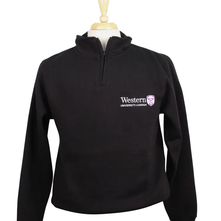 Black 1/4 zip with "Western University" and Crest logo embroidered on the left chest. 