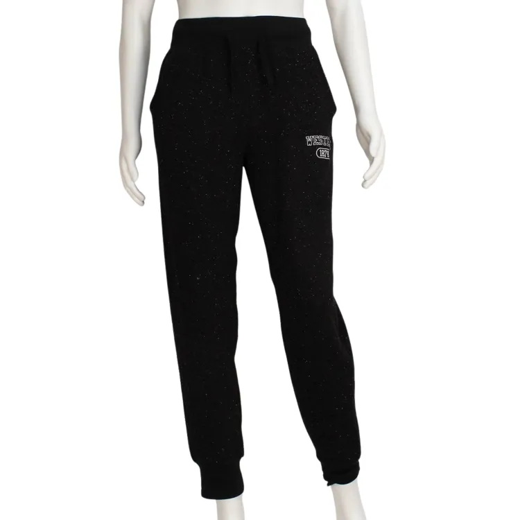 Black sweat pants with Western 1878 embroidered on the left leg.