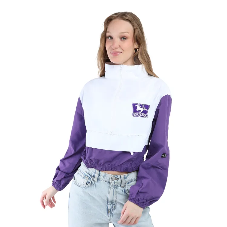 Purple and white track jacket with Mustangs logo on the left chest.