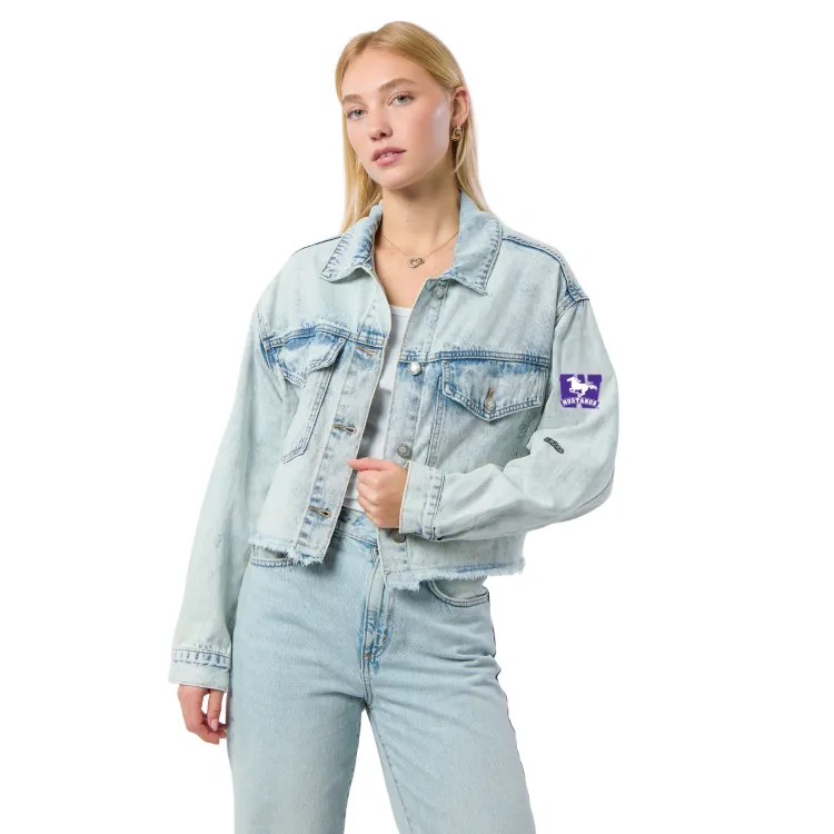 Denim jacket with buttons along the front. Mustangs logo on the left sleeve.