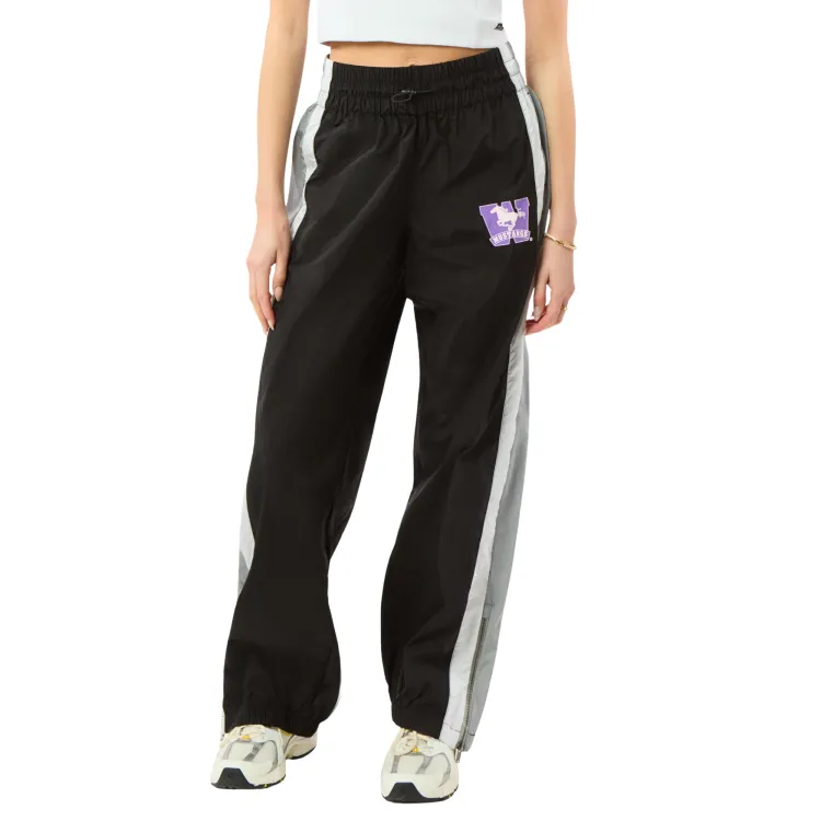 Black windbreaker pants with stripes along the sides. Mustang logo on the left leg.