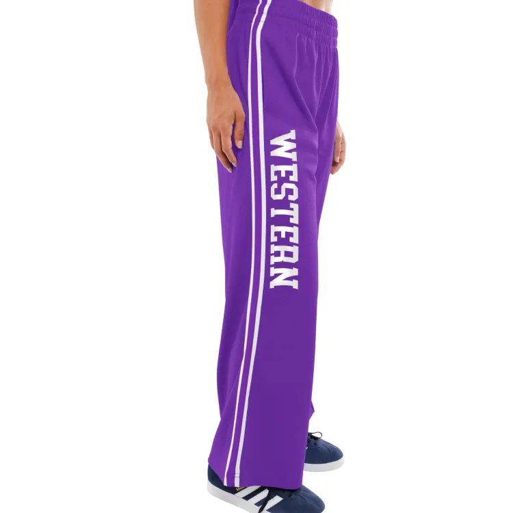 Western purple hoop pants with white stripes and Western script going down the side of the leg.
