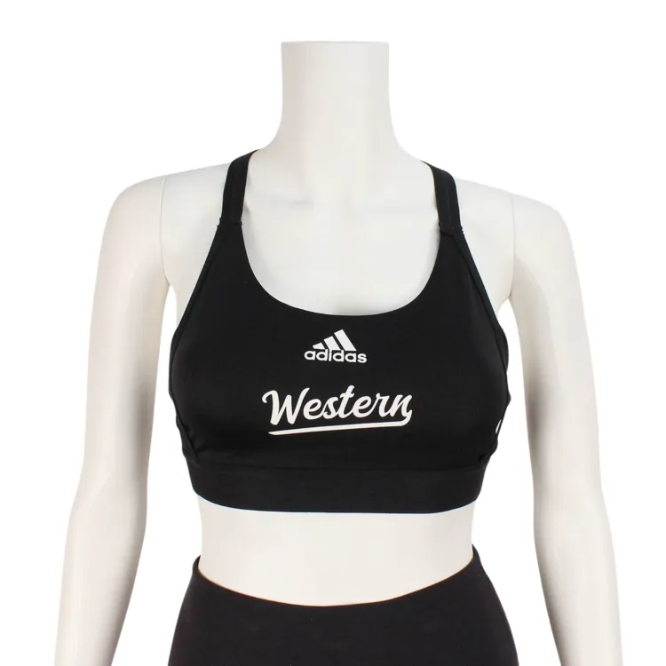 Black Adidas sports bra with Western script on the front.