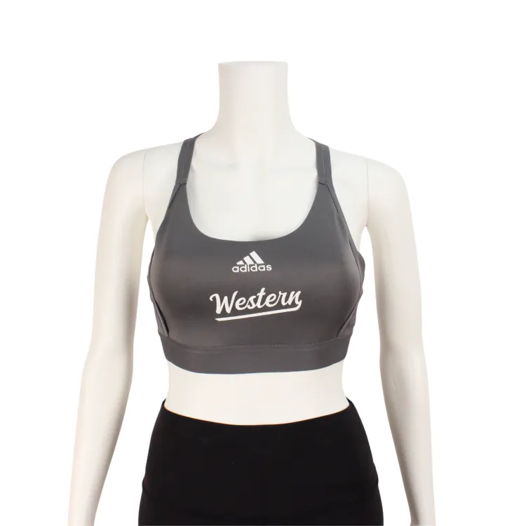 Grey Adidas sports bra. Front view.