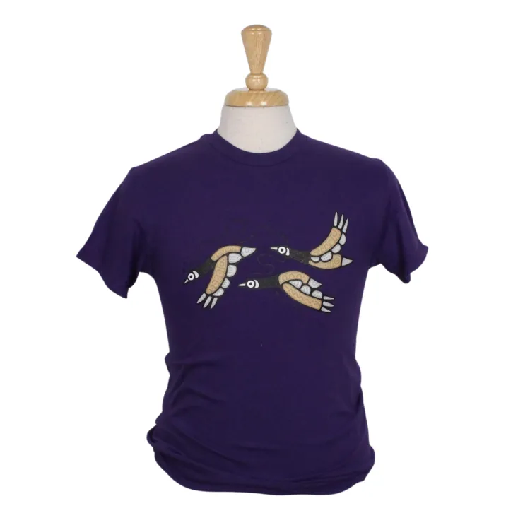 Purple tee shirt with Indigenous art goose graphic printed on the front.