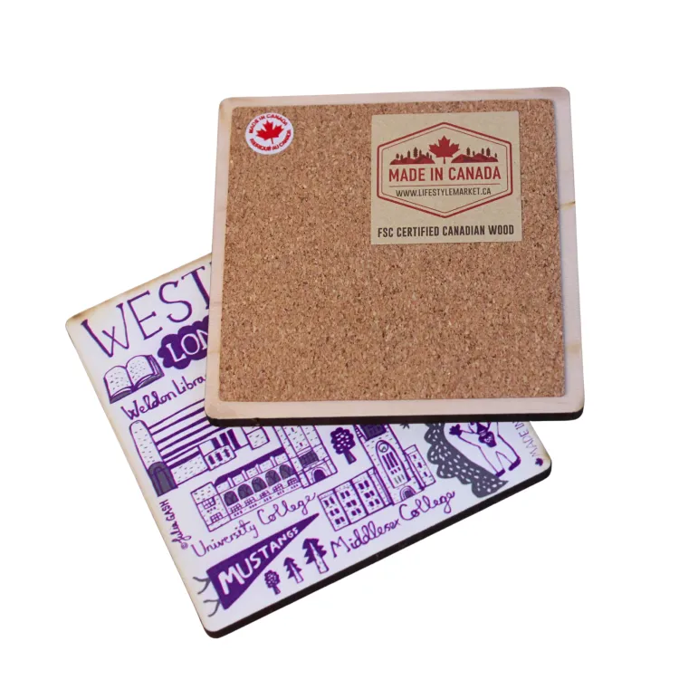 Wood set of two coasters with Campus Julia Gash art.
