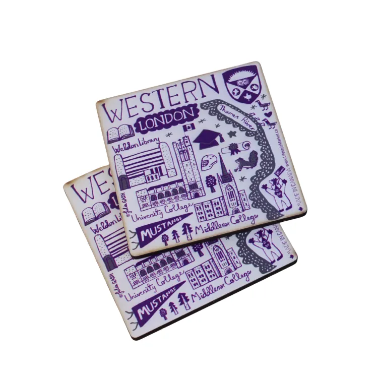 Wood set of two coasters with Campus Julia Gash art.