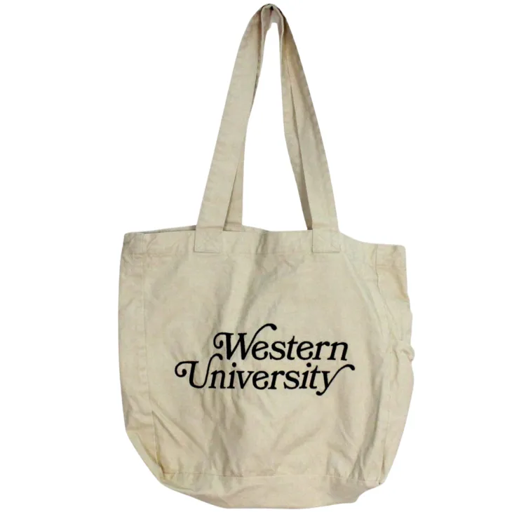 Retro tote bag with "Western University" script embroidered on the front. Available in four colour options.