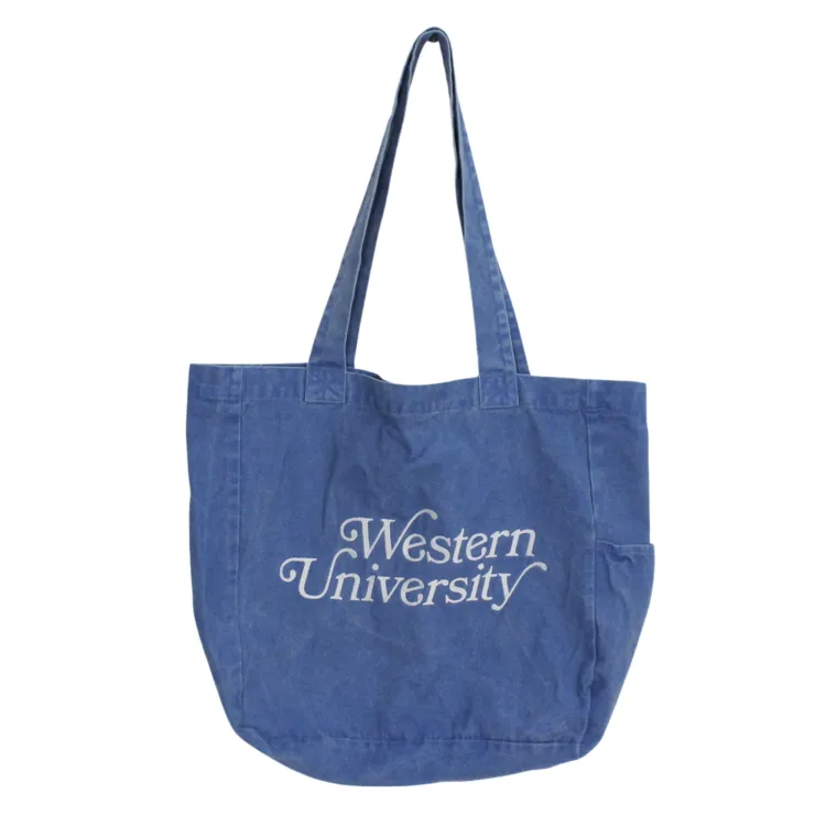 Retro tote bag with "Western University" script embroidered on the front. Available in four colour options.