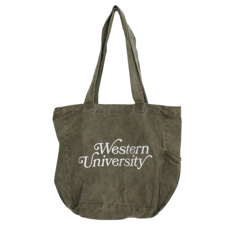 Retro tote bag with "Western University" script embroidered on the front. Available in four colour options.