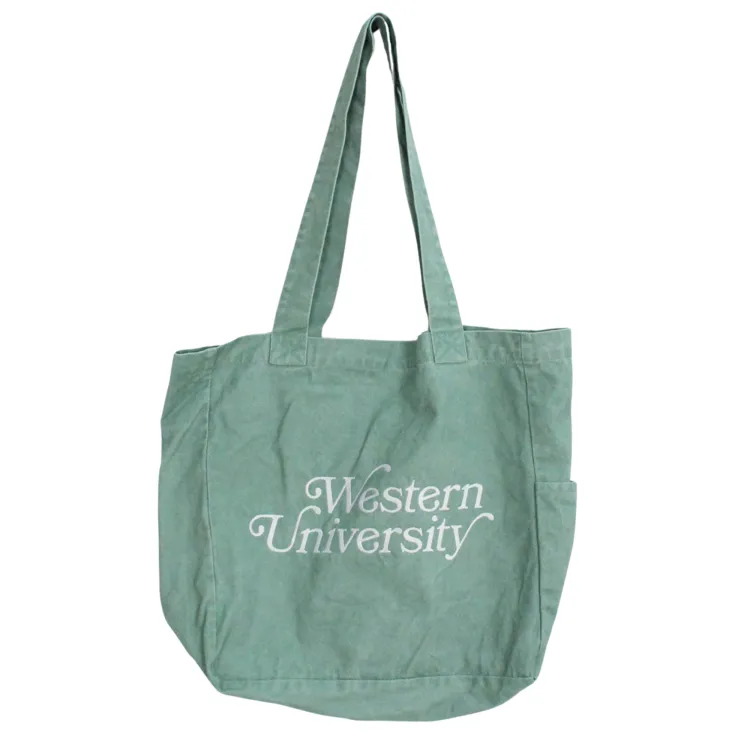 Retro tote bag with "Western University" script embroidered on the front. Available in four colour options.
