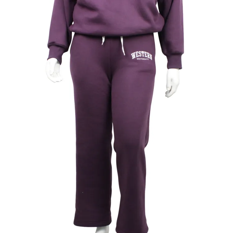 Blackberry purple wide leg sweat pant with "Western university" embroidered on the left leg. 
