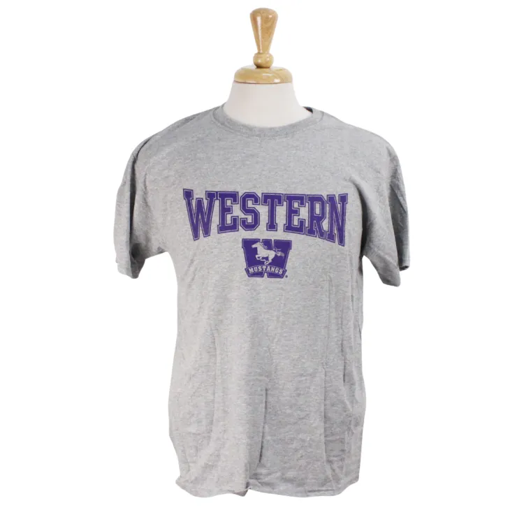 3 pack of t-shirts in purple, grey and white. 'Western' and Mustangs logo screened in white or purple.
