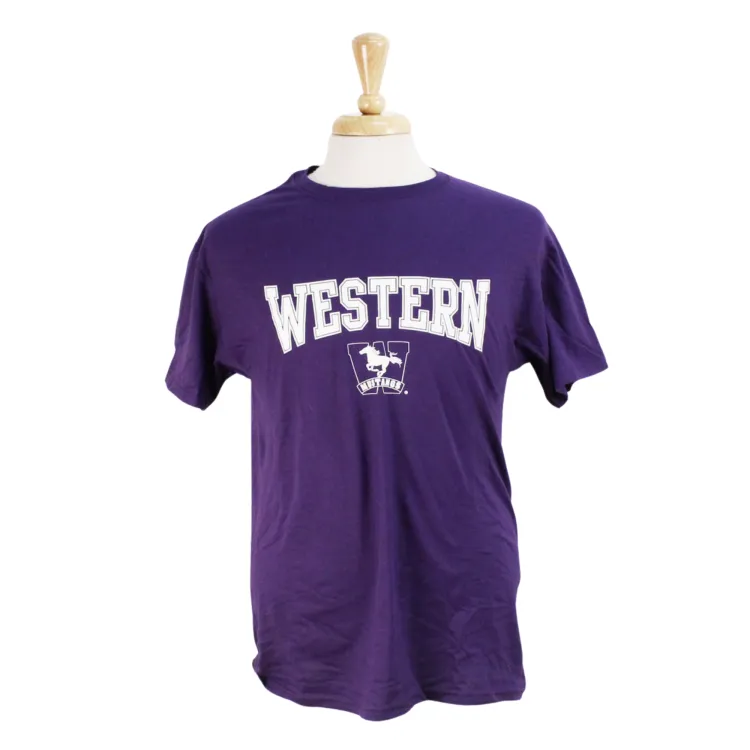3 pack of t-shirts in purple, grey and white. 'Western' and Mustangs logo screened in white or purple.