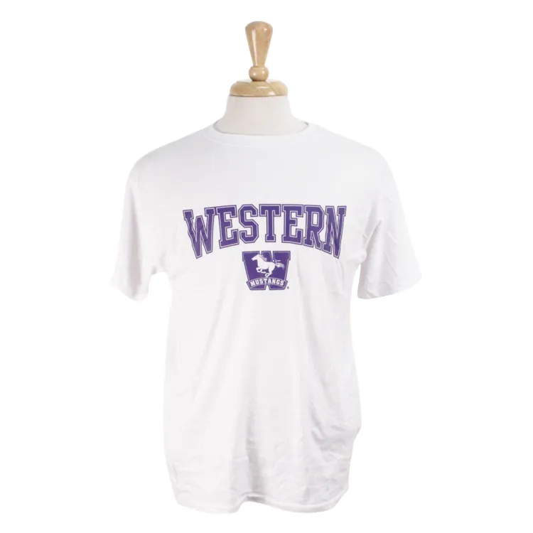3 pack of t-shirts in purple, grey and white. 'Western' and Mustangs logo screened in white or purple.