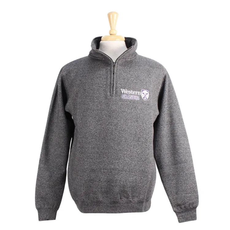 Charcoal pepper 1/4 zip with embroidered 'Western Grandpa' and crest in white and purple on the left chest.