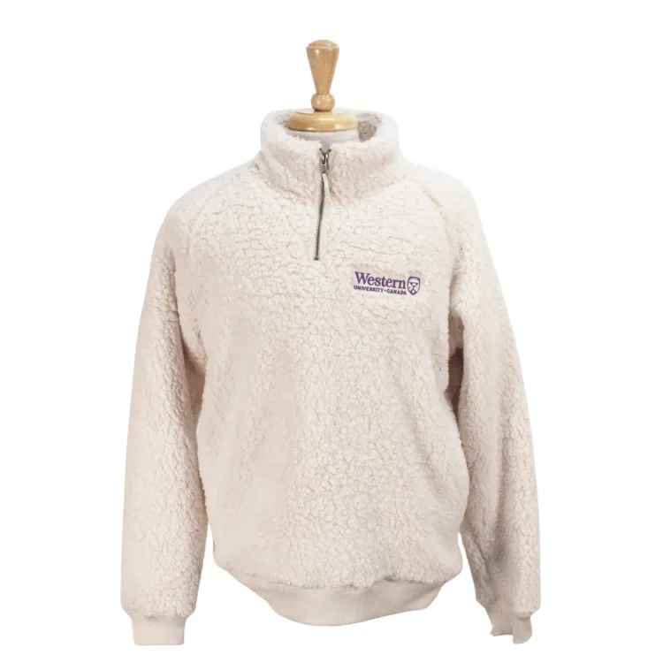 Mountain Fleece with "Western University" and crest embroidered on left chest and has pockets.