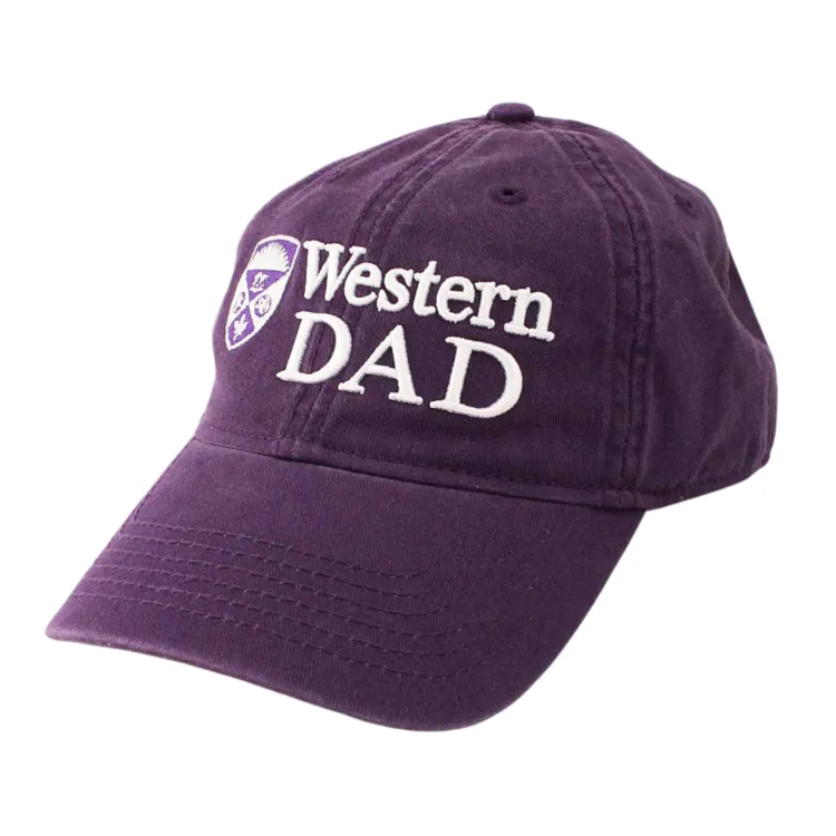 Purple hat with crest and raised 'Western Dad' and crest embroidered in white and purple. Adjustable tuck strap with slide closure. One size.