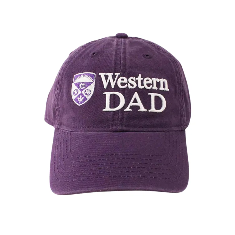 Purple hat with crest and raised 'Western Dad' and crest embroidered in white and purple. Adjustable tuck strap with slide closure. One size.