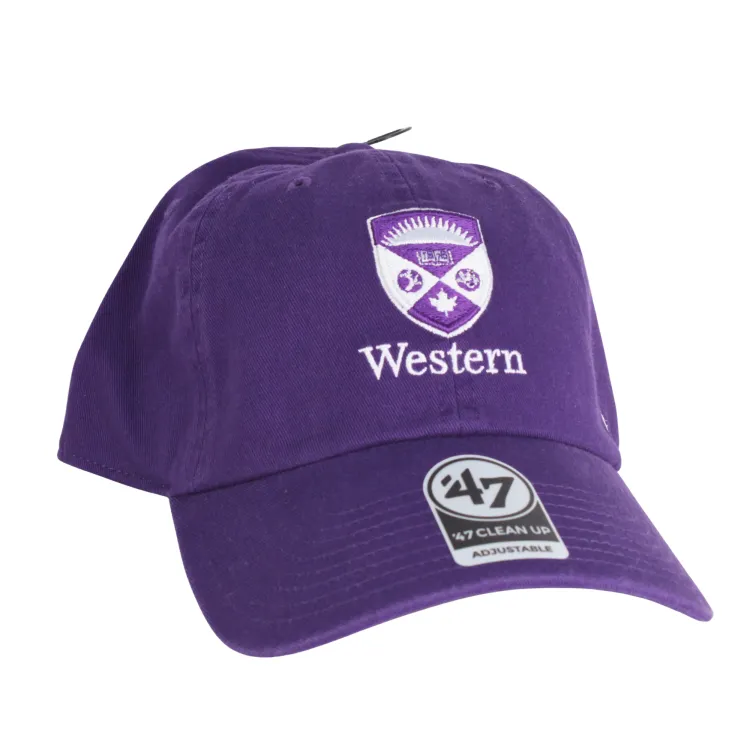 Purple adjustable hat with 'Western' and stacked crest embroidered in white and purple. Adjustable tuck strap with snap closure. Made with 100% cotton. One size.