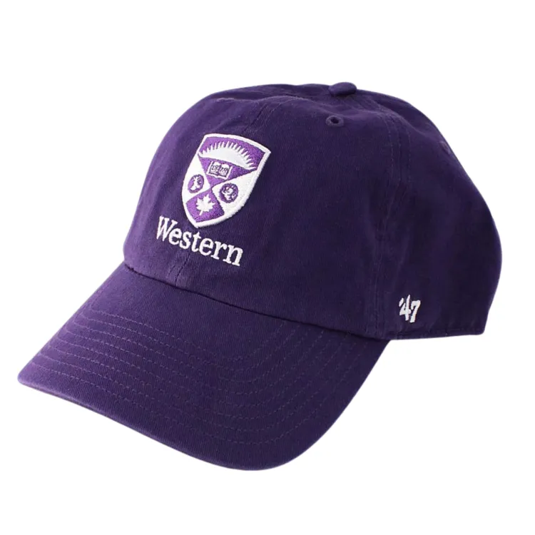 Purple adjustable hat with 'Western' and stacked crest embroidered in white and purple. Adjustable tuck strap with snap closure. Made with 100% cotton. One size.