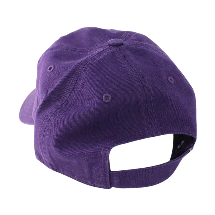 Purple adjustable hat with 'Western' and stacked crest embroidered in white and purple. Adjustable tuck strap with snap closure. Made with 100% cotton. One size.